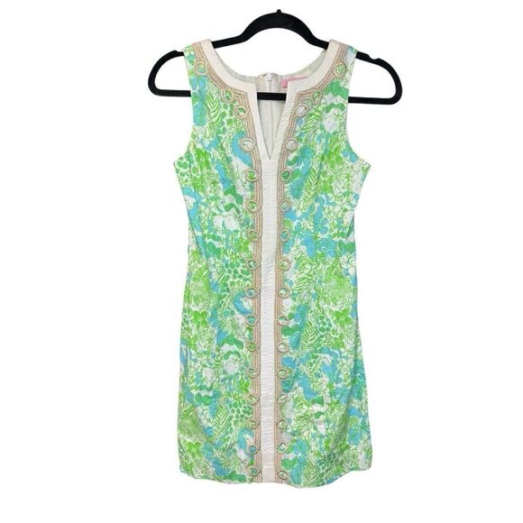 Lilly Pulitzer - Green White Jungle Print "Janice" Shift Dress Embroidery sz 00 - Picture 4 of 15